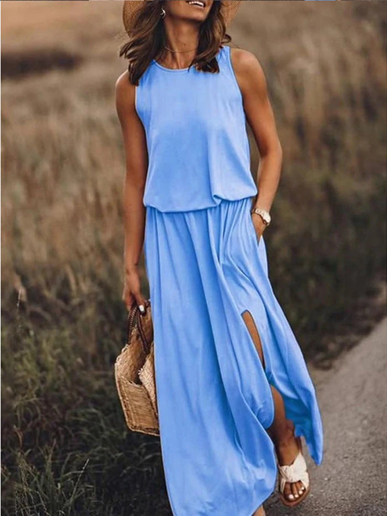 Spring Summer Women Clothing round Neck Sleeveless Dress Split Solid Color Casual Office Dress by Ragazza
