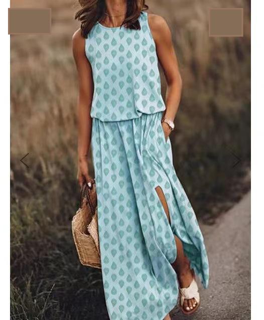 Spring Summer Women Clothing round Neck Sleeveless Dress Split Solid Color Casual Office Dress by Ragazza