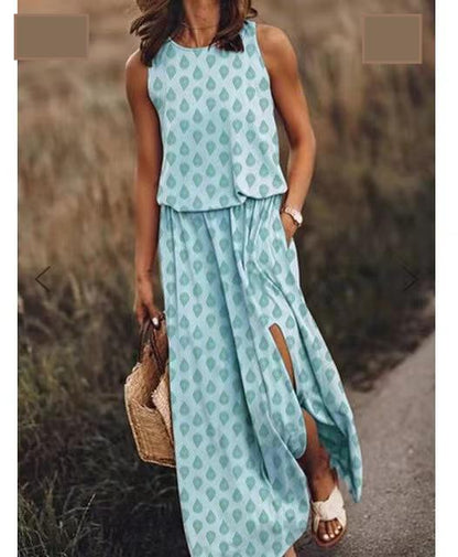 Spring Summer Women Clothing round Neck Sleeveless Dress Split Solid Color Casual Office Dress by Ragazza