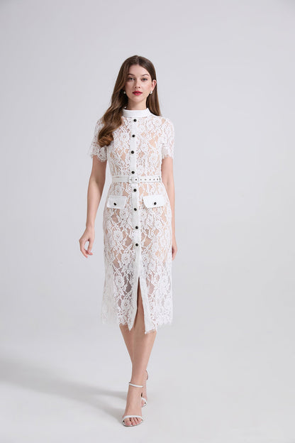 Women Spring Summer Stretch Lace Elegance Spliced Short Sleeve Dress High Fanny Pack Hip Dress by Ragazza