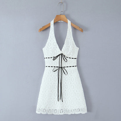 Summer Vacation Sexy Fresh Lace Embroidery Contrast Color Lace up Halterneck Dress by Ragazza