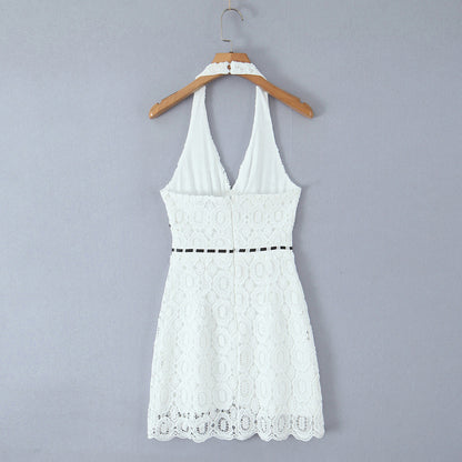 Summer Vacation Sexy Fresh Lace Embroidery Contrast Color Lace up Halterneck Dress by Ragazza