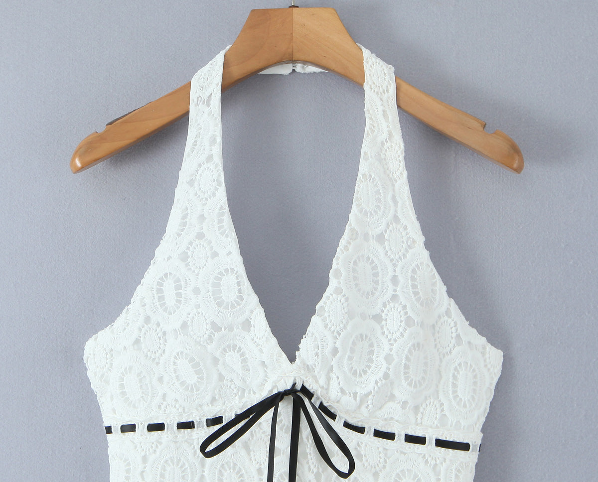 Summer Vacation Sexy Fresh Lace Embroidery Contrast Color Lace up Halterneck Dress by Ragazza
