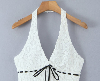 Summer Vacation Sexy Fresh Lace Embroidery Contrast Color Lace up Halterneck Dress by Ragazza