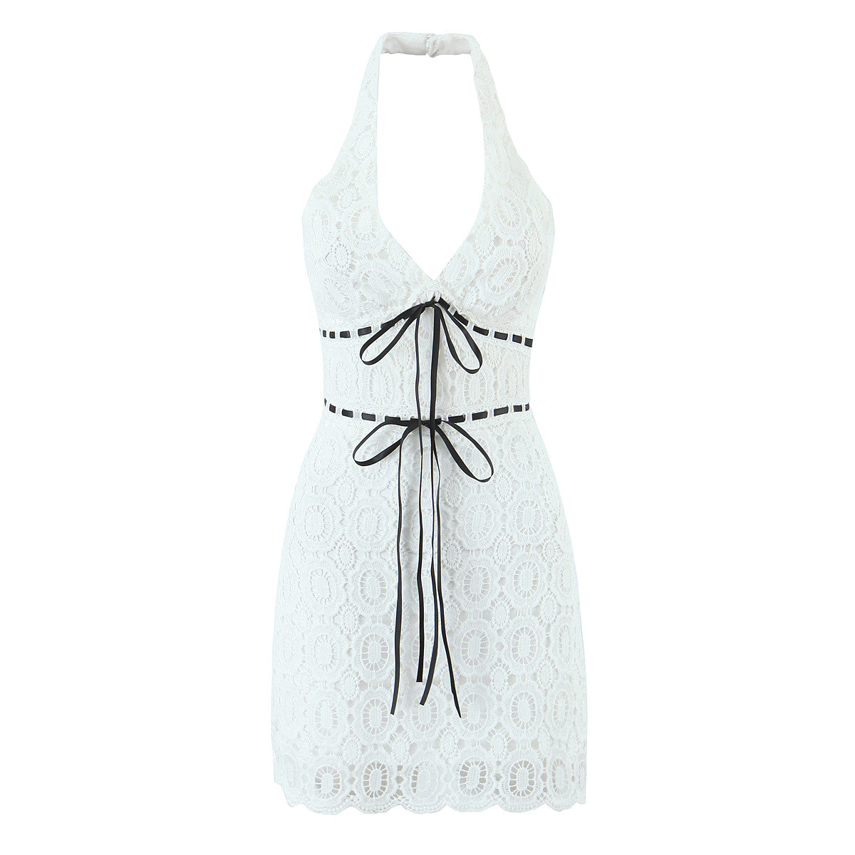 Summer Vacation Sexy Fresh Lace Embroidery Contrast Color Lace up Halterneck Dress by Ragazza