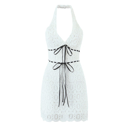 Summer Vacation Sexy Fresh Lace Embroidery Contrast Color Lace up Halterneck Dress by Ragazza