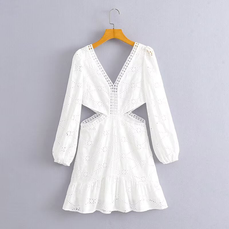 Women Clothing Casual V neck Lace Waist Opening Dress by Ragazza