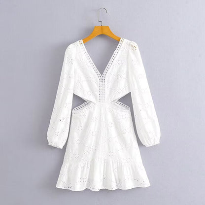 Women Clothing Casual V neck Lace Waist Opening Dress by Ragazza