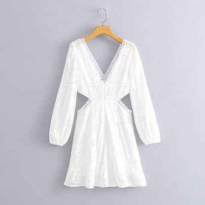 Women Clothing Casual V neck Lace Waist Opening Dress by Ragazza