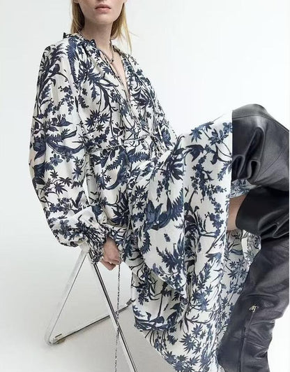 Bohemian Rayon Positioning Printed Casual Loose Waistband Long Sleeve Dress Summer Dress by Ragazza