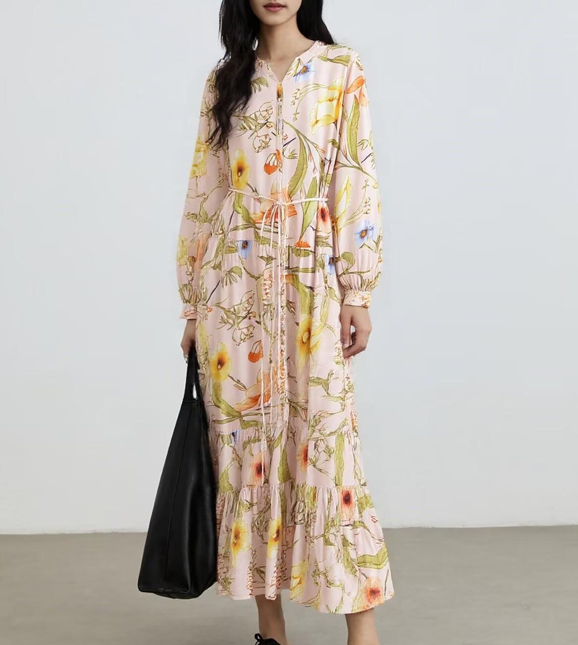 Women Water Printed Bohemian Casual Belt Dress by Ragazza