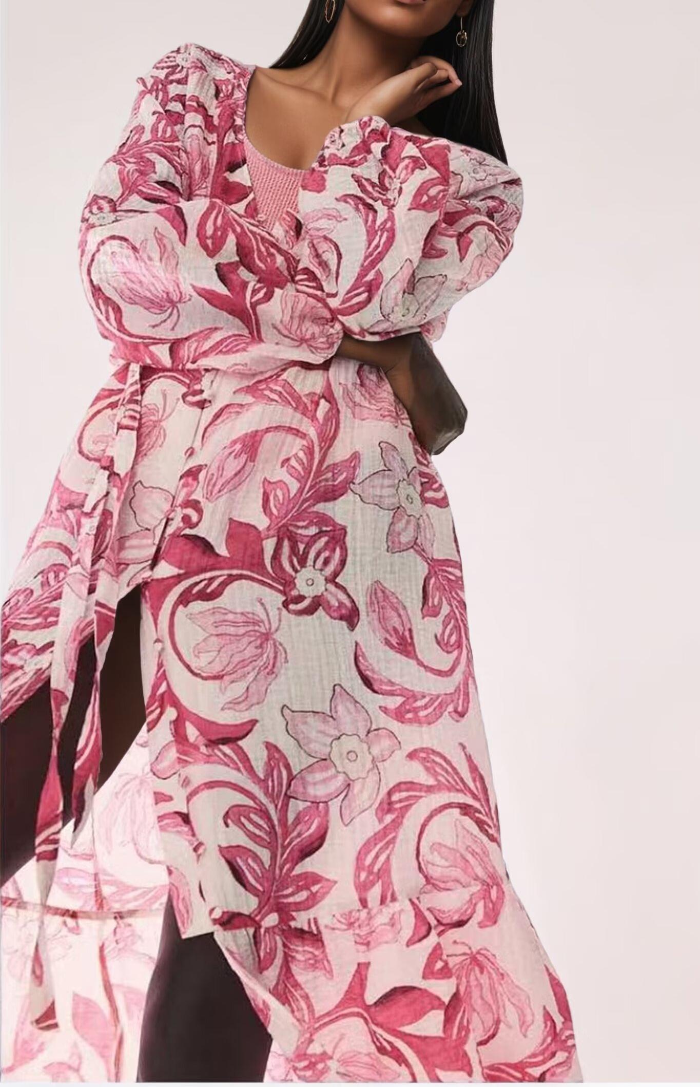Dress Women Clothing Floral Print Cotton Water Printed Bohemian Vacation Style Belt Dress by Ragazza