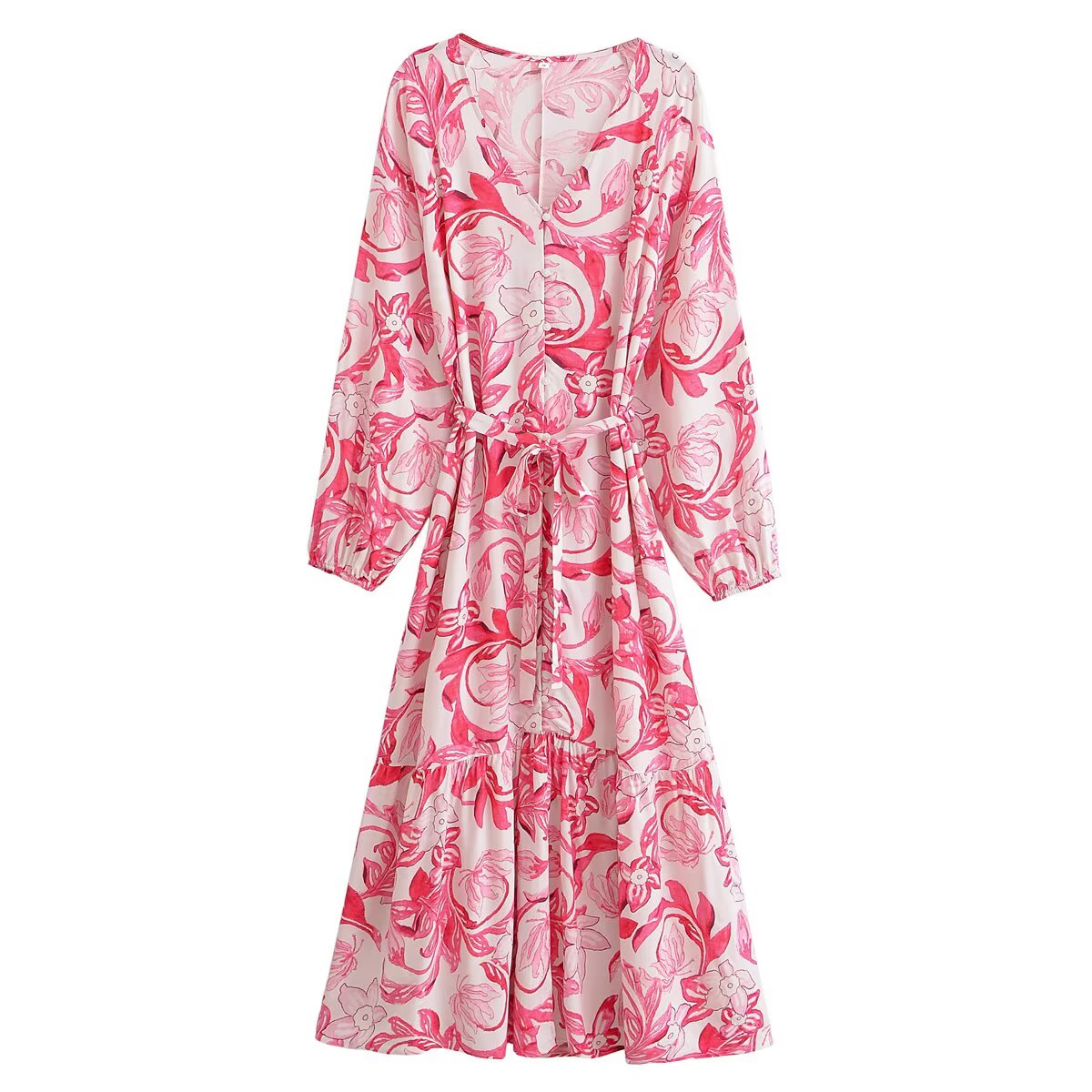 Dress Women Clothing Floral Print Cotton Water Printed Bohemian Vacation Style Belt Dress by Ragazza