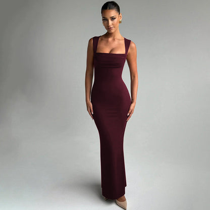 Women Clothing Spring Summer Slim Fit Square Collar Sleeveless Waist Slimming Dress by Ragazza