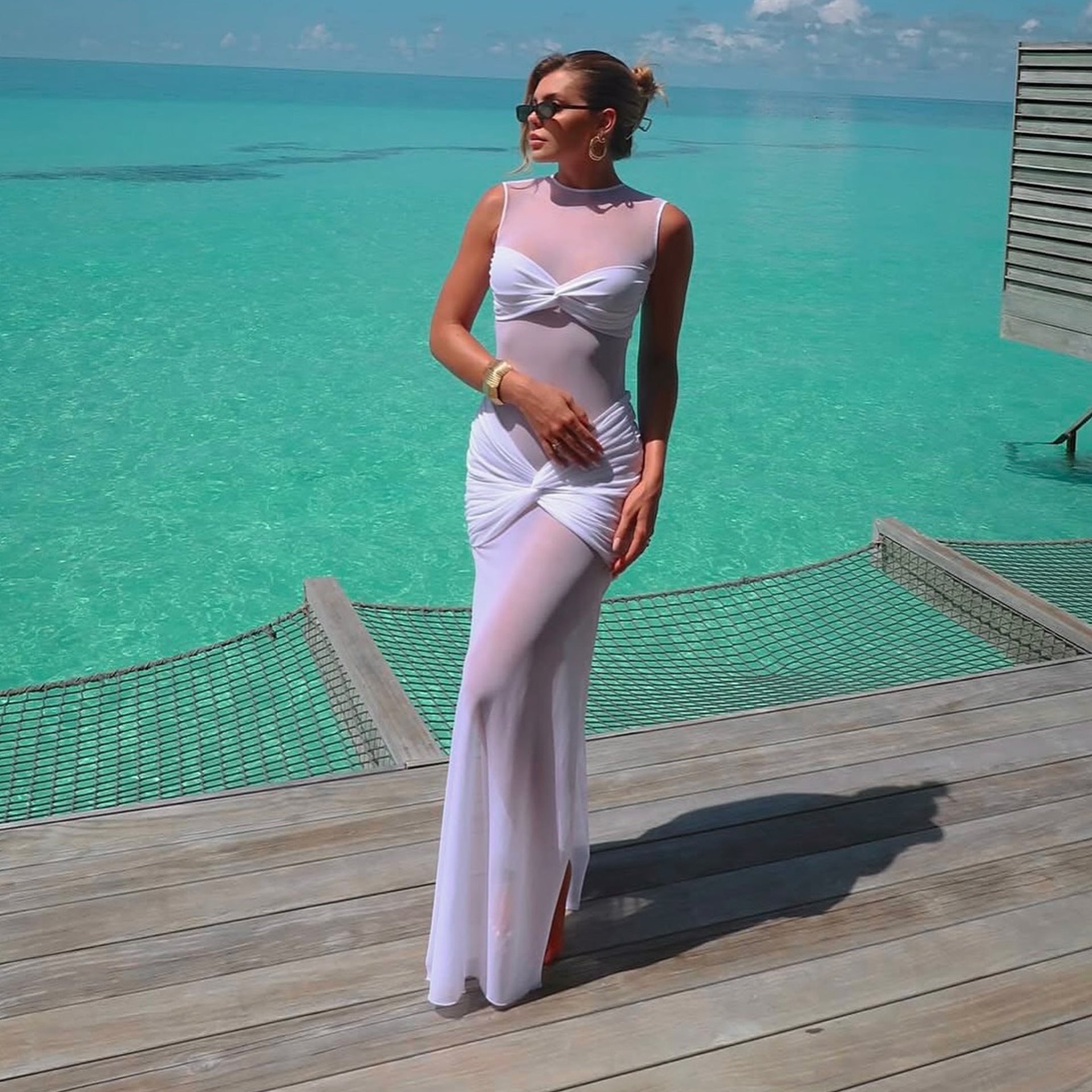 Spring Evening Sheer Mesh Sexy Solid Color Sheath Women Dress by Ragazza