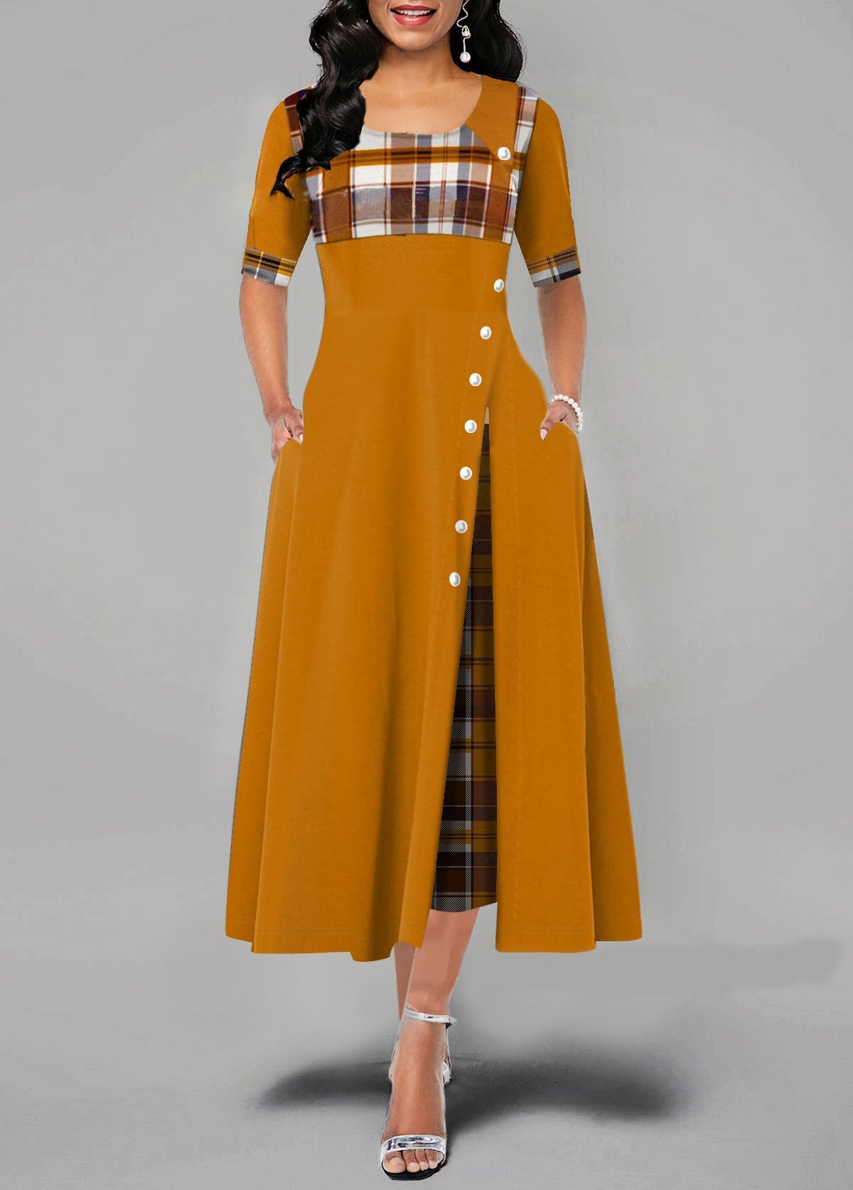 A Large Number Dresses Round Neck Contrast Color Half Sleeve Irregular Asymmetric Maxi Dress by Ragazza