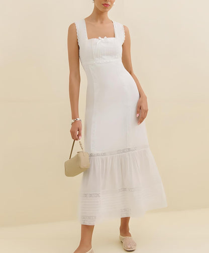 Spring Lace Slim Fit Bow Embellished Square Collar Vest Dress  DestGlow