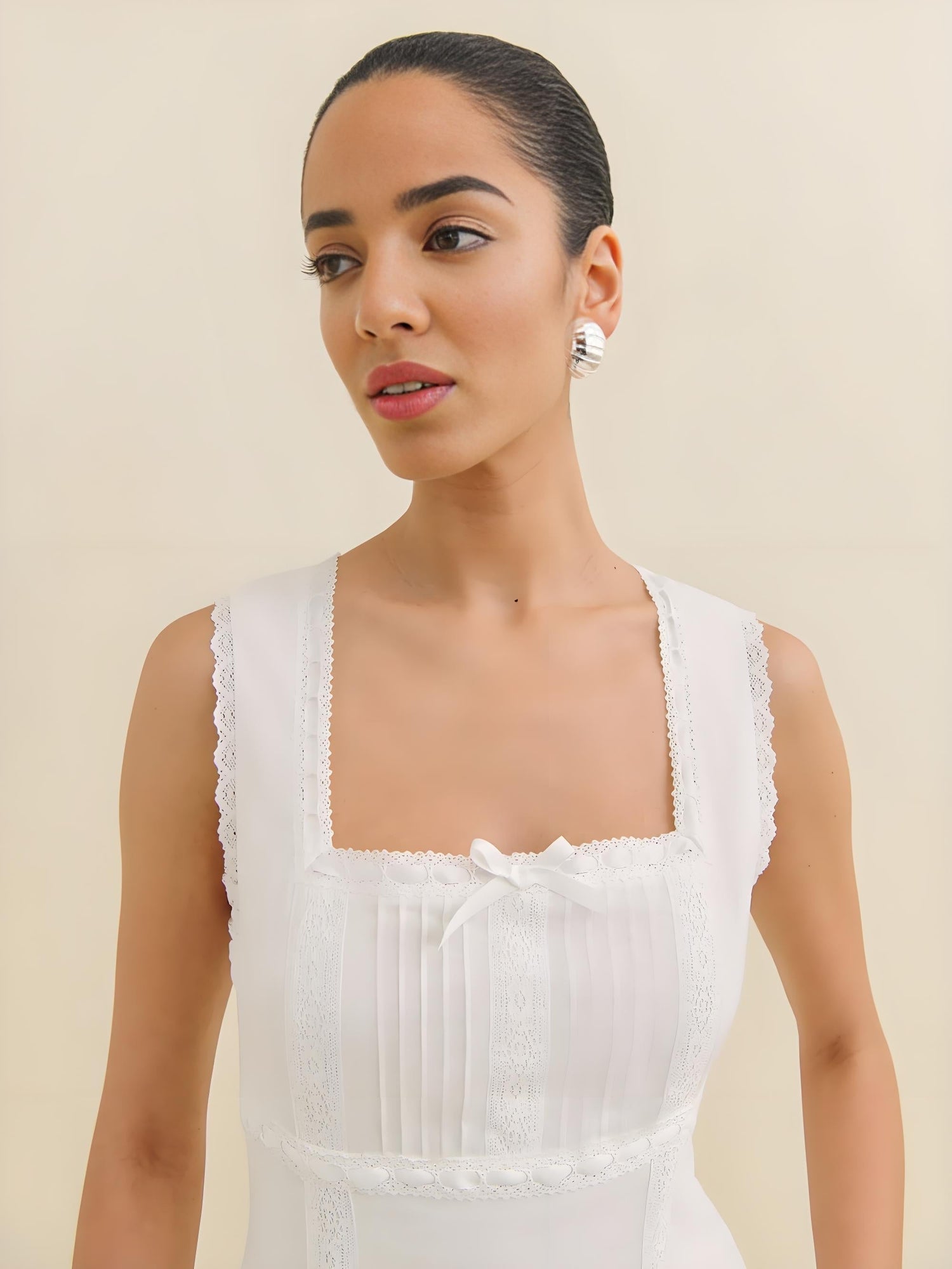 Spring Lace Slim Fit Bow Embellished Square Collar Vest Dress  DestGlow