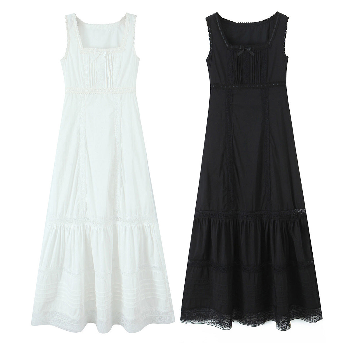 Spring Lace Slim Fit Bow Embellished Square Collar Vest Dress  DestGlow