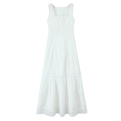 Spring Lace Slim Fit Bow Embellished Square Collar Vest Dress  DestGlow