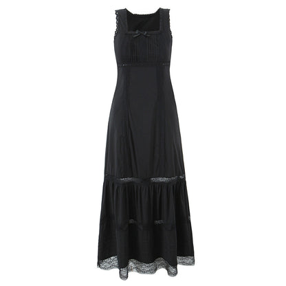 Spring Lace Slim Fit Bow Embellished Square Collar Vest Dress