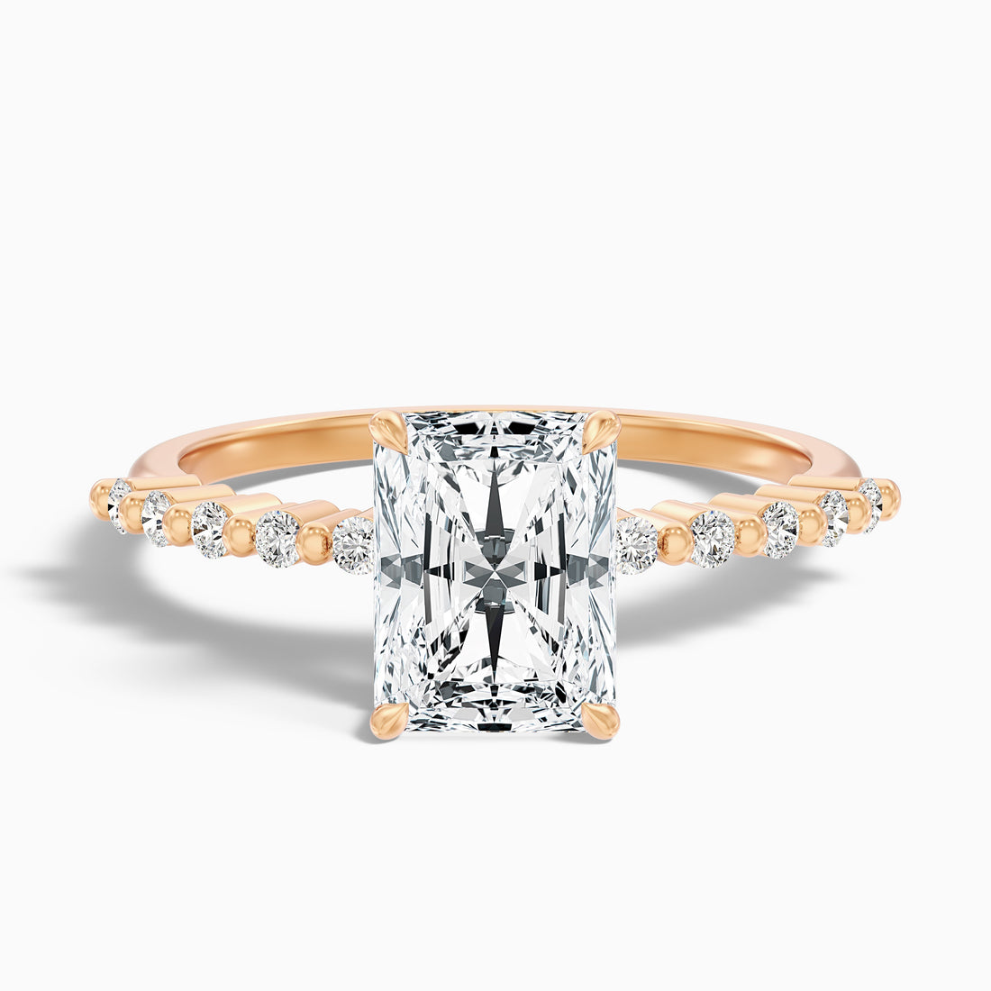 Willy 3.5 Carat Radiant With Side Stone Hidden Halo Moissanite Diamond Ring in 18k Rose Gold  DestGlow