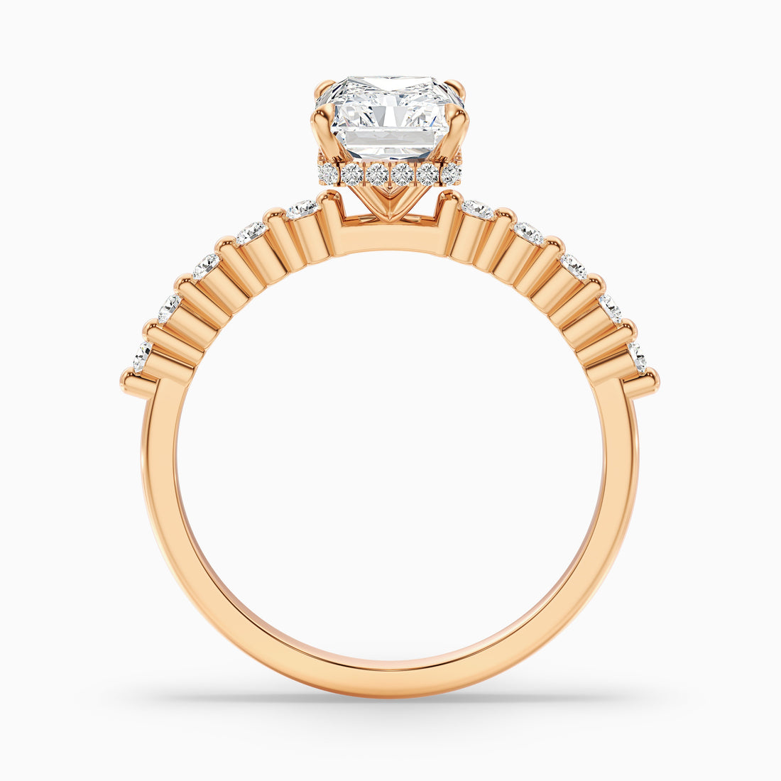 Willy 3.5 Carat Radiant With Side Stone Hidden Halo Moissanite Diamond Ring in 18k Rose Gold  DestGlow