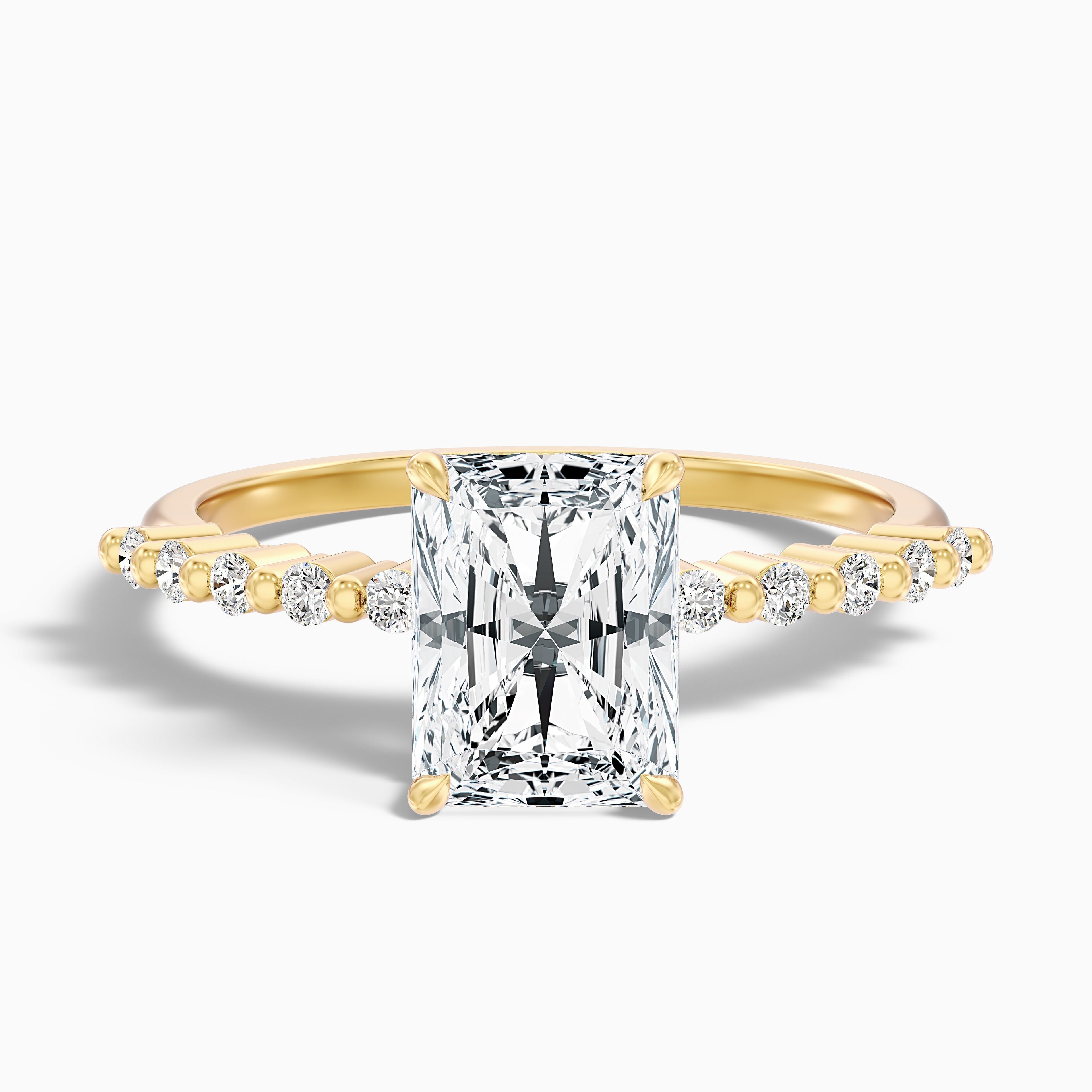 Willy 4 Carat Radiant With Side Stone Hidden Halo Moissanite Diamond Ring in 14k Yellow Gold