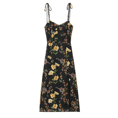 Sexy High Waist Split Floral Slip Dress Summer Tight Waist Slim Mid Length Holiday Dress by Ragazza