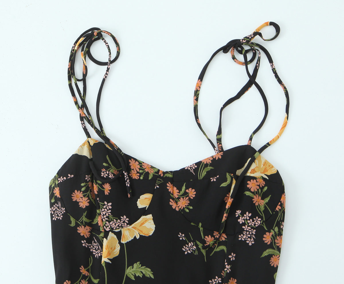 Sexy High Waist Split Floral Slip Dress Summer Tight Waist Slim Mid Length Holiday Dress by Ragazza