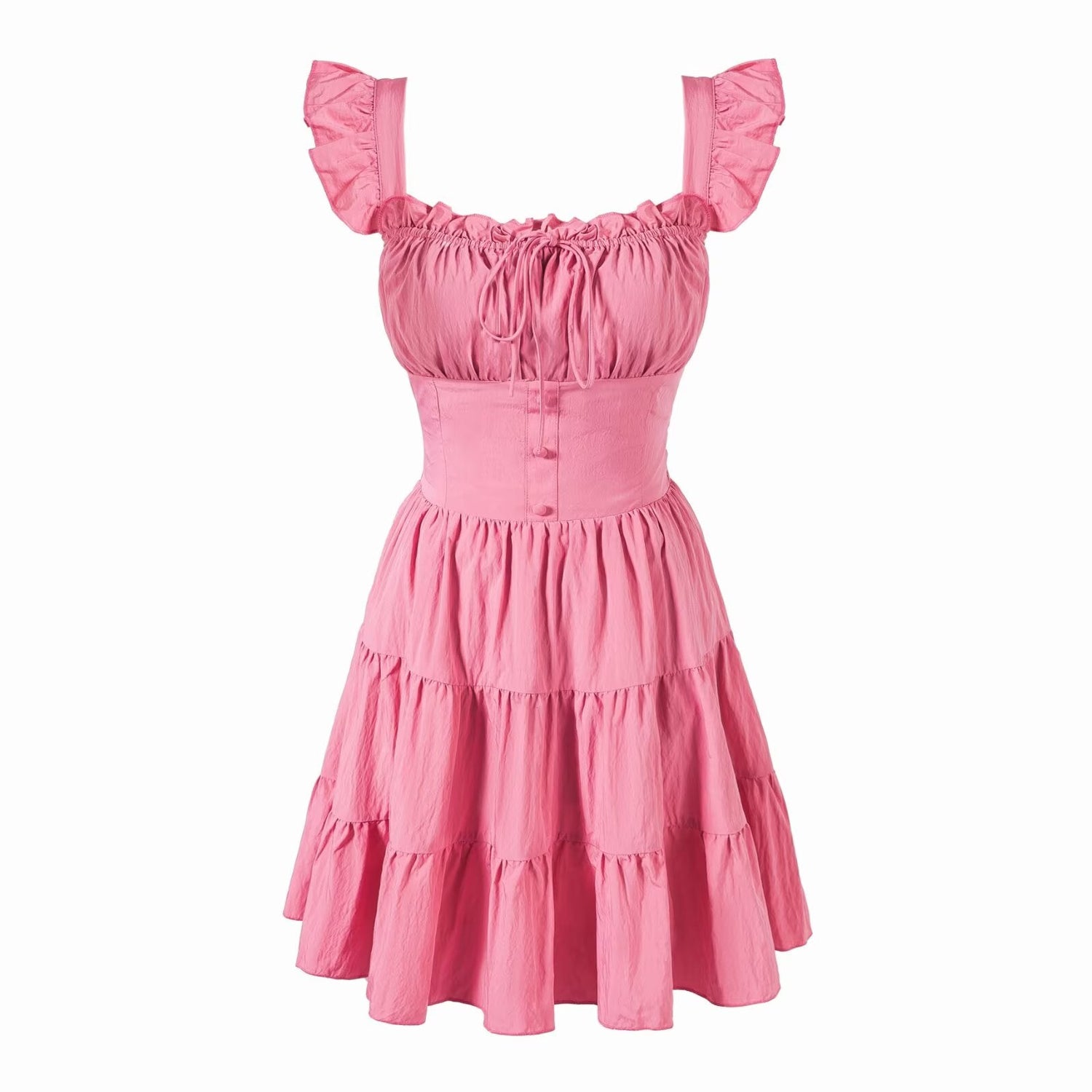Vintage Square Collar Flying Sleeve Pink Dress Summer Elegant Beautiful Waist Tight Dress by Ragazza