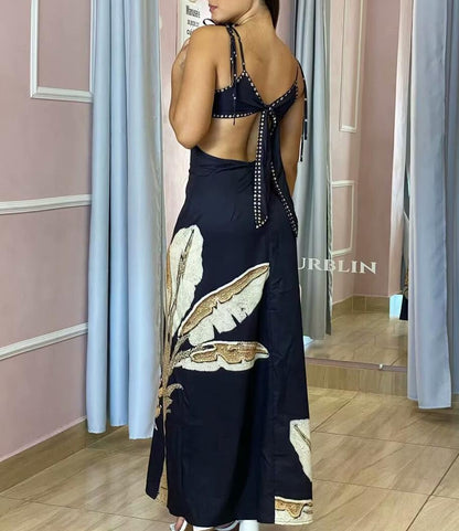 Summer Elegant Dress Backless Cropped Outfit Printed Black Slim Strap Dress by Ragazza