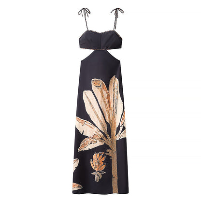 Summer Elegant Dress Backless Cropped Outfit Printed Black Slim Strap Dress by Ragazza