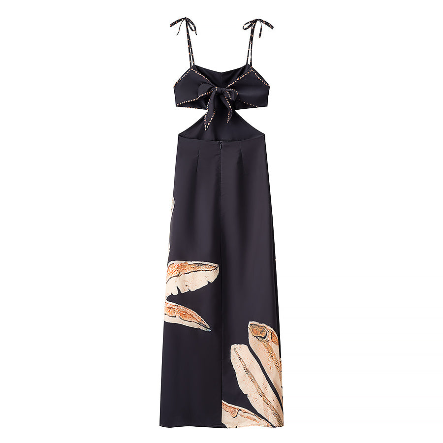 Summer Elegant Dress Backless Cropped Outfit Printed Black Slim Strap Dress by Ragazza