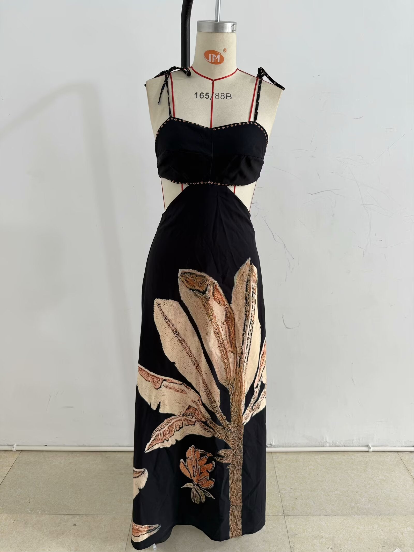 Summer Elegant Dress Backless Cropped Outfit Printed Black Slim Strap Dress by Ragazza