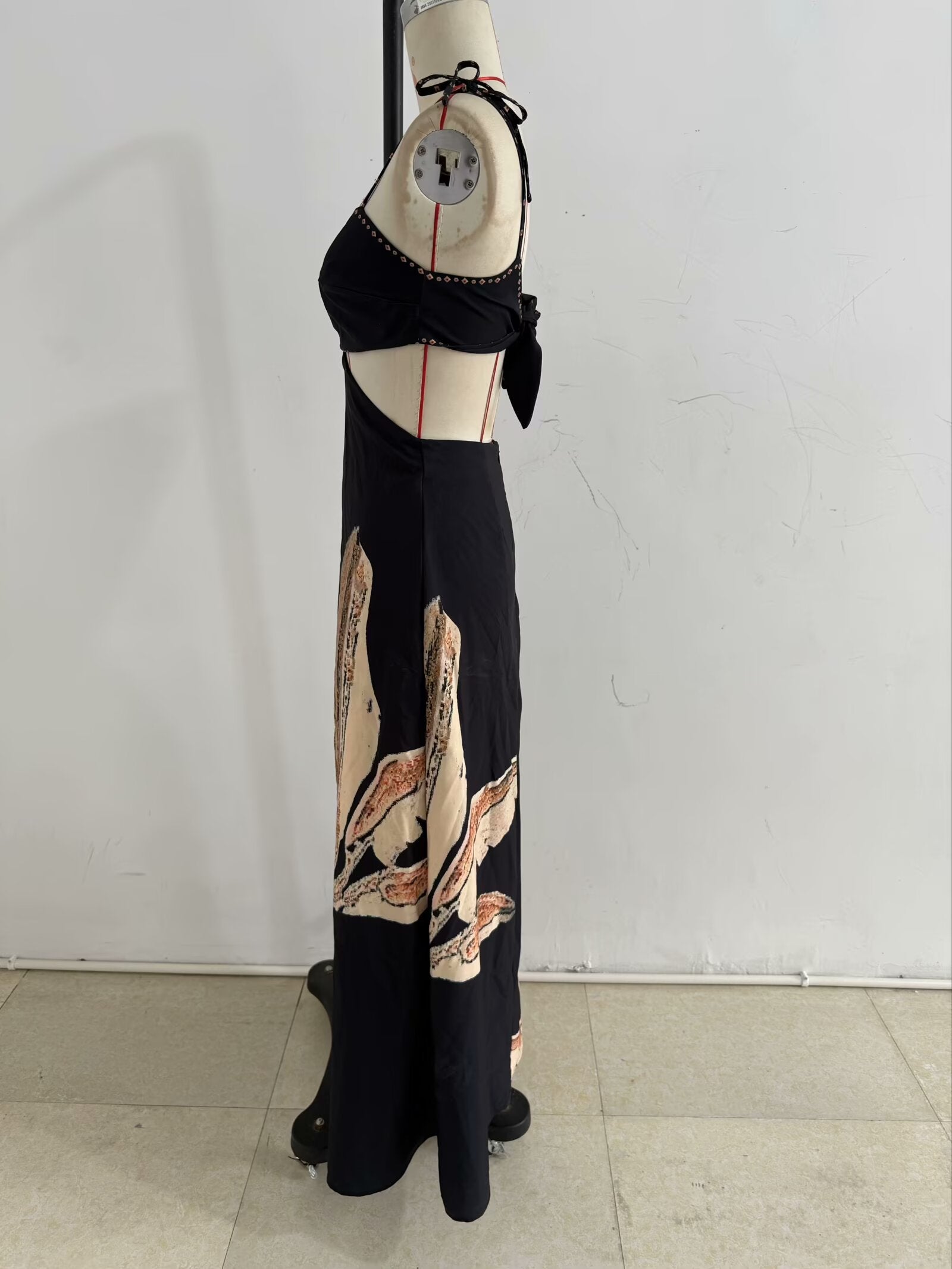Summer Elegant Dress Backless Cropped Outfit Printed Black Slim Strap Dress by Ragazza