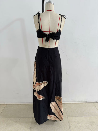 Summer Elegant Dress Backless Cropped Outfit Printed Black Slim Strap Dress by Ragazza