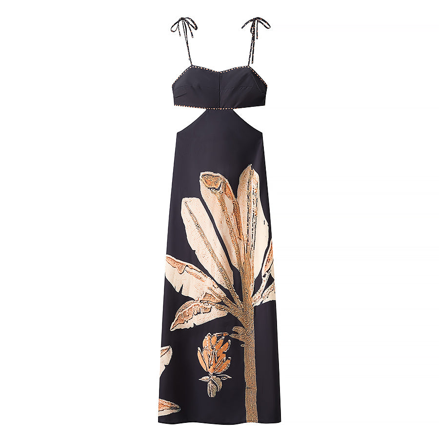 Summer Elegant Dress Backless Cropped Outfit Printed Black Slim Strap Dress by Ragazza