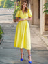 Summer Retro Solid Color V neck Lantern Sleeve Slim Fit Dress by Ragazza