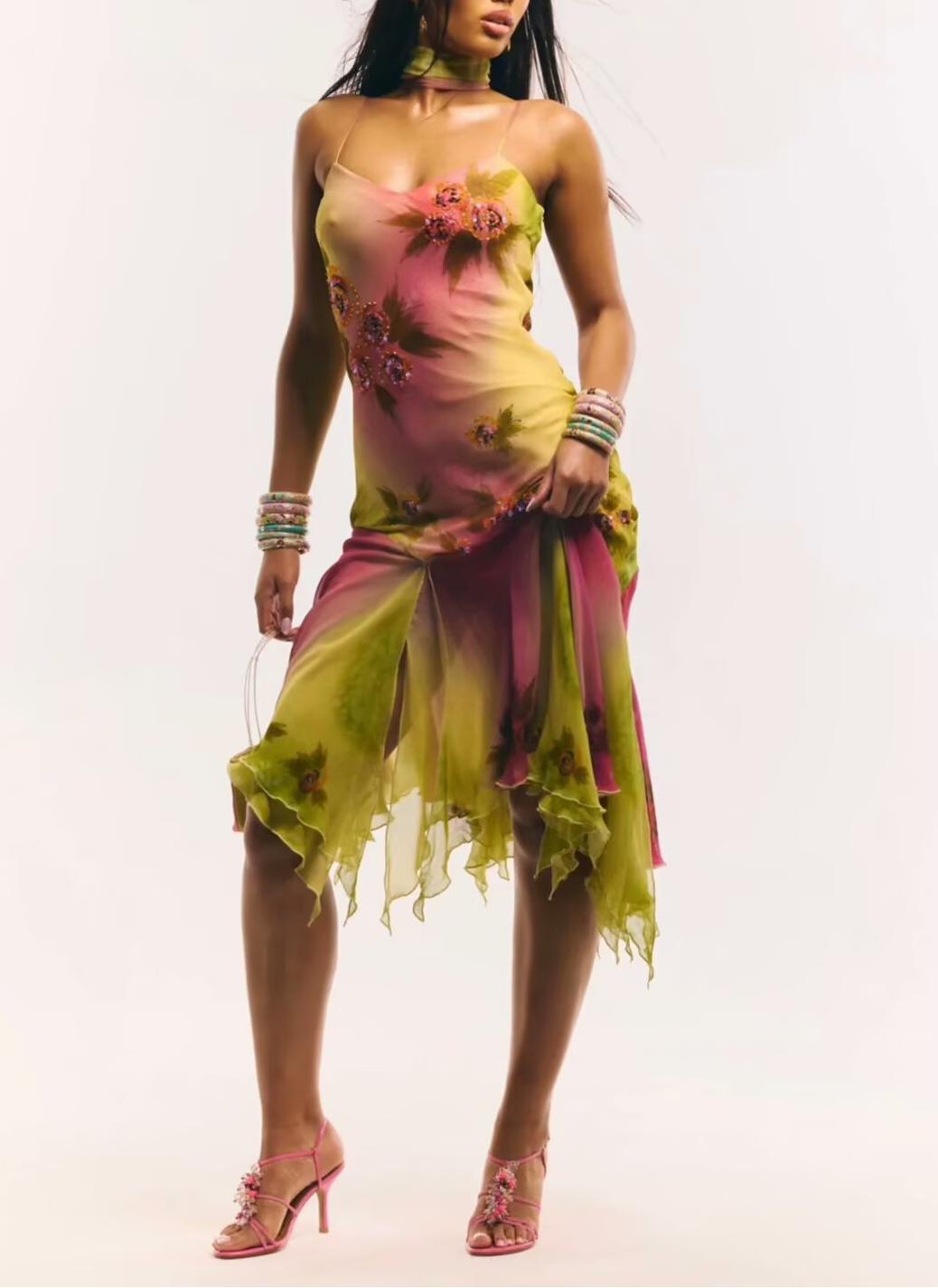 Ruffled Hem Suspender Elegant Embroidered Floral Summer Dress by Ragazza