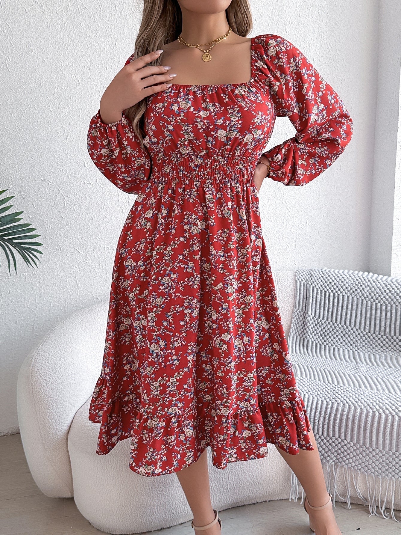 Autumn Winter Elegant Floral Square Collar Long Sleeve Waist Trimming Ruffles A line Women Clothing by Ragazza