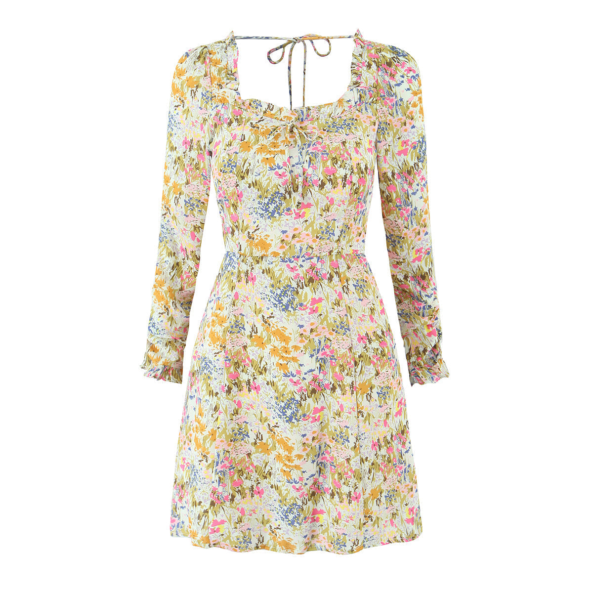 Summer Psychedelic Small Floral Print Square Collar Backless Lace up Long Sleeve Dress  DestGlow