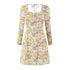 Summer Psychedelic Small Floral Print Square Collar Backless Lace up Long Sleeve Dress  DestGlow