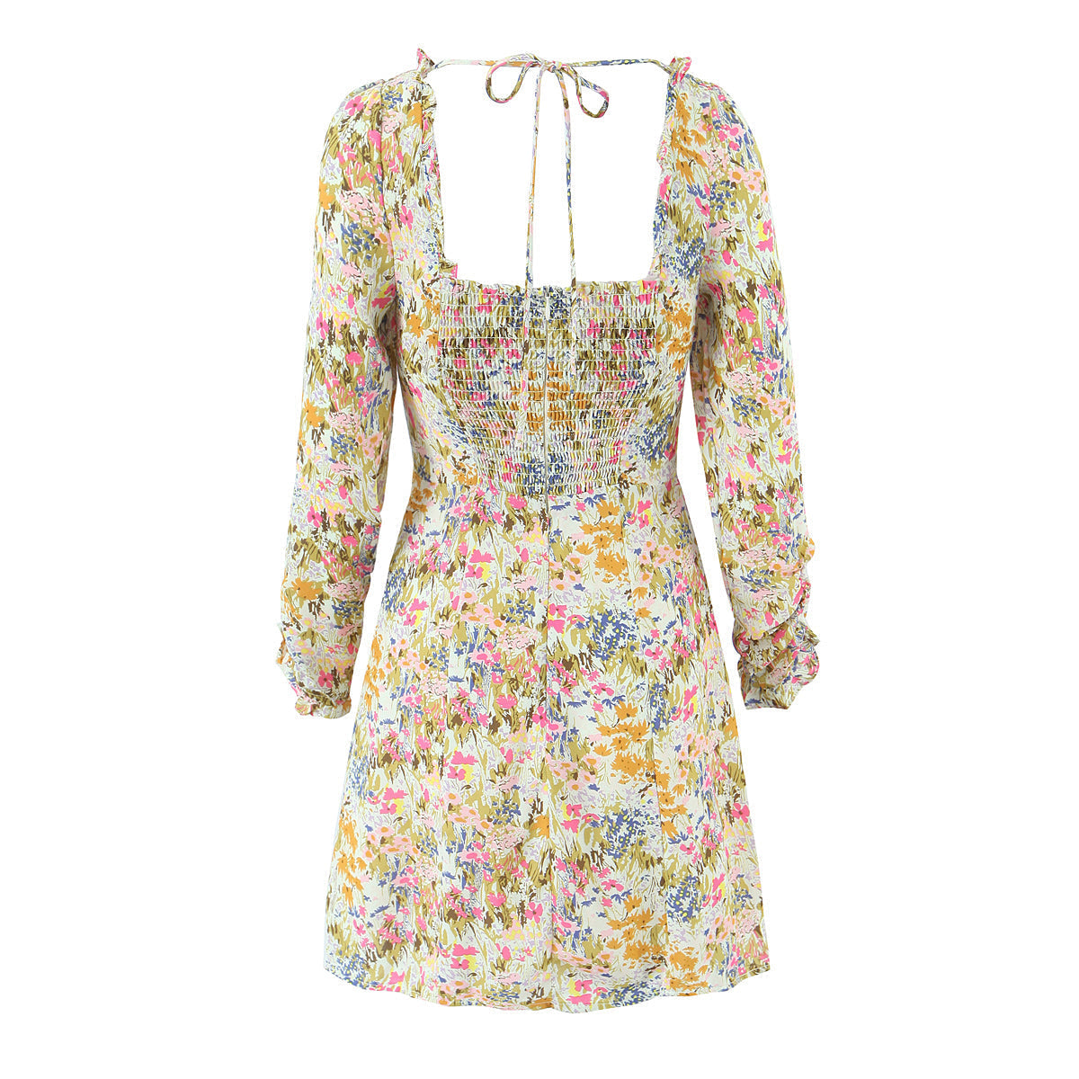 Summer Psychedelic Small Floral Print Square Collar Backless Lace up Long Sleeve Dress  DestGlow