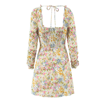 Summer Psychedelic Small Floral Print Square Collar Backless Lace up Long Sleeve Dress  DestGlow