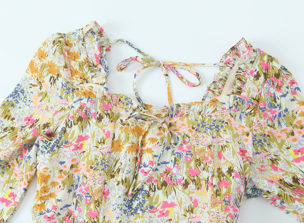 Summer Psychedelic Small Floral Print Square Collar Backless Lace up Long Sleeve Dress  DestGlow