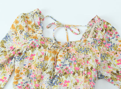 Summer Psychedelic Small Floral Print Square Collar Backless Lace up Long Sleeve Dress  DestGlow