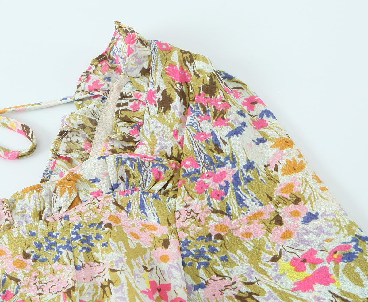 Summer Psychedelic Small Floral Print Square Collar Backless Lace up Long Sleeve Dress  DestGlow