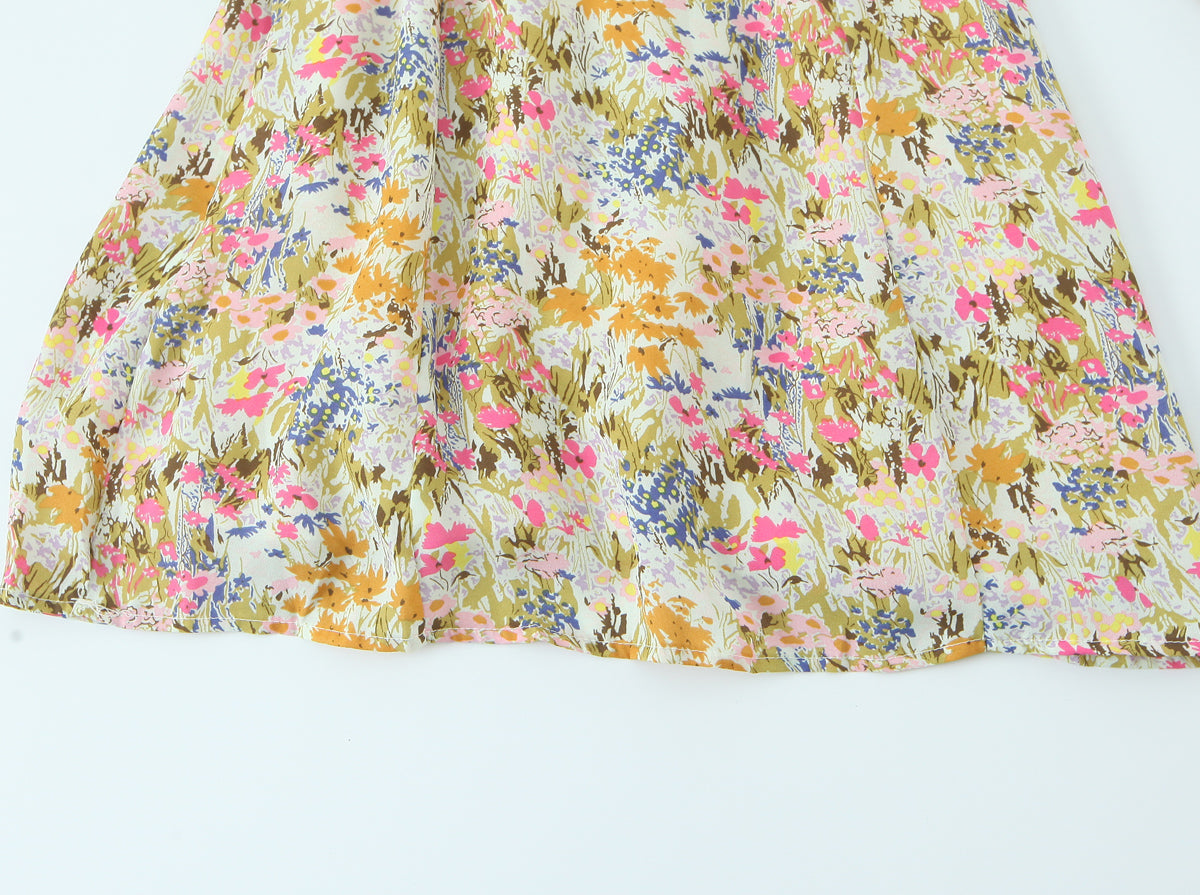 Summer Psychedelic Small Floral Print Square Collar Backless Lace up Long Sleeve Dress  DestGlow