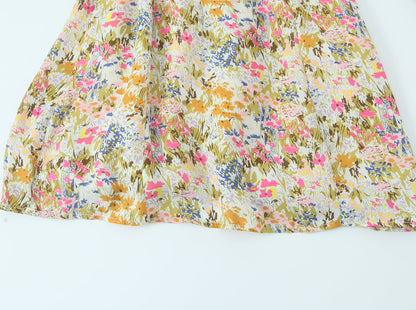 Summer Psychedelic Small Floral Print Square Collar Backless Lace up Long Sleeve Dress  DestGlow